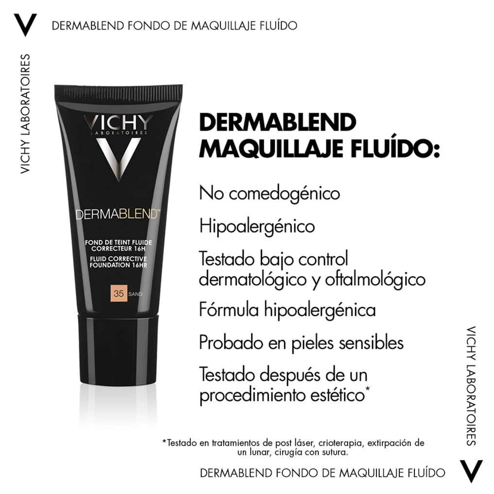 Vichy Base De Maquillaje Fluida Correctora, Alta Cobertura Durante 16 Horas, Disimula Las Imperfecciones, Acabado Mate, Para Todo Tipo De Pieles, Dermablend, Tono: 35 Sand, 30 Ml