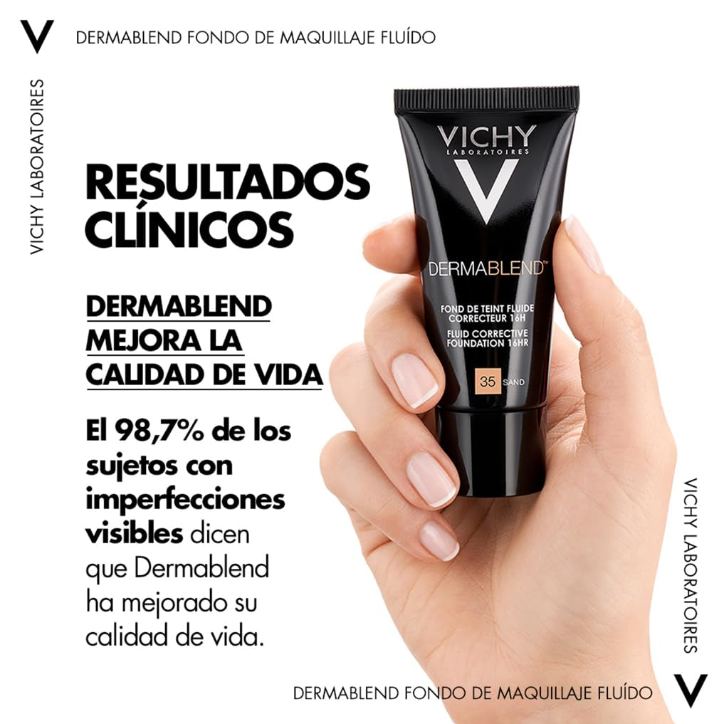 Vichy Base De Maquillaje Fluida Correctora, Alta Cobertura Durante 16 Horas, Disimula Las Imperfecciones, Acabado Mate, Para Todo Tipo De Pieles, Dermablend, Tono: 35 Sand, 30 Ml