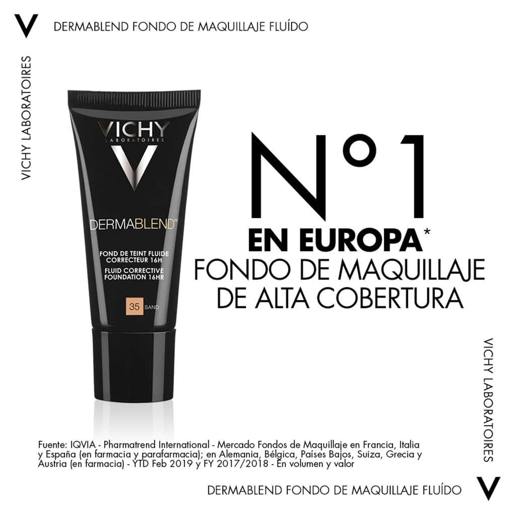 Vichy Base De Maquillaje Fluida Correctora, Alta Cobertura Durante 16 Horas, Disimula Las Imperfecciones, Acabado Mate, Para Todo Tipo De Pieles, Dermablend, Tono: 35 Sand, 30 Ml