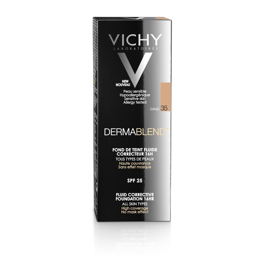 Vichy Base De Maquillaje Fluida Correctora, Alta Cobertura Durante 16 Horas, Disimula Las Imperfecciones, Acabado Mate, Para Todo Tipo De Pieles, Dermablend, Tono: 35 Sand, 30 Ml