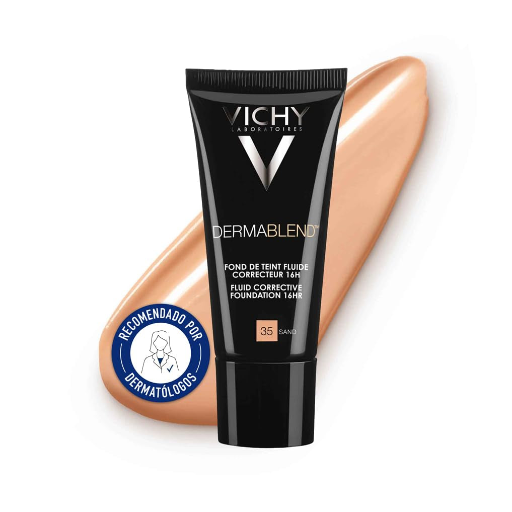 Vichy Base De Maquillaje Fluida Correctora, Alta Cobertura Durante 16 Horas, Disimula Las Imperfecciones, Acabado Mate, Para Todo Tipo De Pieles, Dermablend, Tono: 35 Sand, 30 Ml